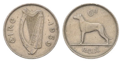 Ирландия 6 пенсов 1959 собака, ирландский волкодав KM 13a медно-никель 4696-519