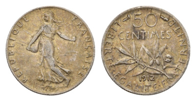 Франция 50 сантимов 1912 KM 854 серебро 4169-1162