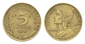 Франция 5 сантимов 1970 KM 933 алюминиевая бронза 4702-1232