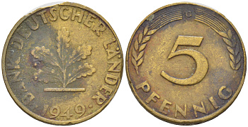 ФРГ 5 ПФЕННИГОВ 1949 G KM 102, J. 377 сталь плакированная латунью 4181-867