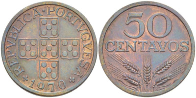Португалия 50 сентаво 1970 KM 596 бронза XF+ 4513-1223
