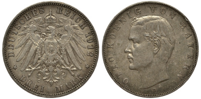 Бавария 3 марки 1912 Отто (1886-1913) Weege 45, J. 47, KM 515 серебро 3711-2113