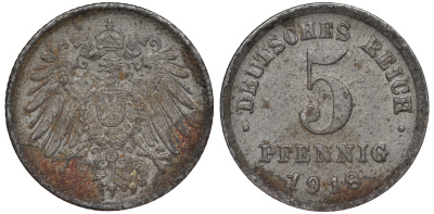 ГЕРМАНИЯ 5 ПФЕННИГОВ 1918 F KM 19, J. 297 железо 45-1153