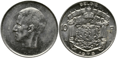 БЕЛЬГИЯ 10 ФРАНКОВ 1975 BELGIE, БОДУЭН I (1951-1993) KM 156.1 никель 3333-1045