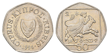 Кипр 50 центов 1994 похищение Европы KM 66 медно-никель 4700-1142