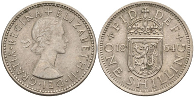Великобритания 1 шиллинг 1964 Елизавета II (1952-2022), Шотландский герб KM 905, Spink 4148 медно-никель 4153-936