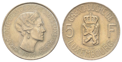 Люксембург 5 франков 1962 год-тип, Шарлотта (1918-1964) KM 51 медно-никель 4642-122