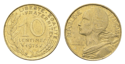 Франция 10 сантимов 1975 KM 929 алюминиевая бронза 4705-112