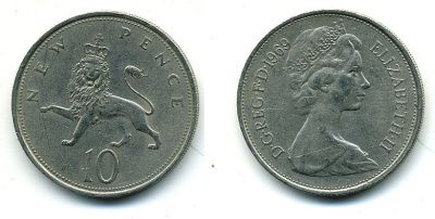 Великобритания 10 пенсов 1969 Елизавета II (1952-2022) KM 912, Spink 4231 (F1) медно-никель  4110-1221