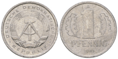 ГДР 1 пфенниг 1981 А KM 8.2 алюминий 4623-419
