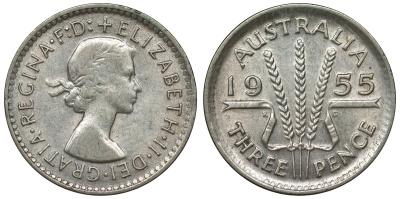 Австралия 3 пенса 1955 m, Елизавета II (1952-2022) KM 57 серебро 71-431