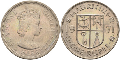 Маврикий 1 рупия 1971 Елизавета II (1952-) KM 35.1 медно-никель 4367-1213