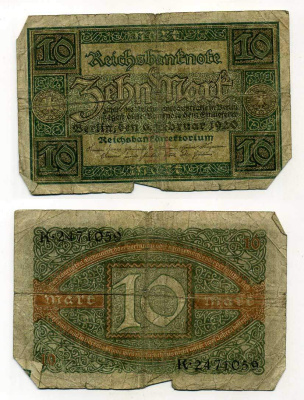 ГЕРМАНИЯ 10 МАРОК 1920 6 ФЕВРАЛЯ 1920, БУКВА D, СЕРИЯ K, СЕМЬ ЦИФР В НОМЕРЕ СЕРИИ Pick 67a, Rosenberg 63а бумага 7146-48-3-2