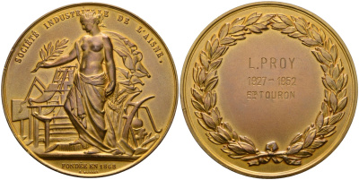 Франция медаль 1952 награждается L. PROY (1927-1952), Индустриальное Общество департамента Эна, основанное в 1868 году, диаметр 58 мм., позолота, медальер А. BORREL бронза 1072-2-21