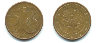 ГЕРМАНИЯ 5 ЕВРОЦЕНТОВ 2002 A KM 209 сталь плакированная медью 29-1116