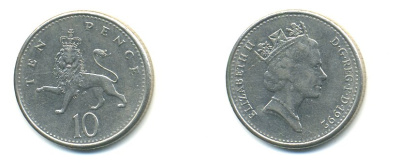 Великобритания 10 пенсов 1992 Елизавета II (1952-2022) KM 938b, Spink 4367 (F4) медно-никель 59-516