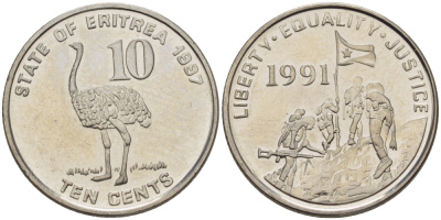 Эритрея 10 центов 1997 страус KM 45 сталь плакированная никелем UNC 67-1242