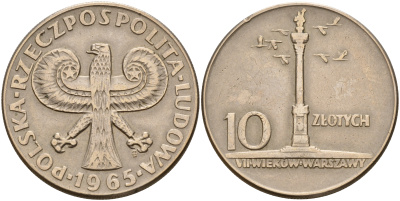 Польша 10 злотых 1965 MW, 700 лет Варшаве, Колонна Сигизмунда KM 55 медно-никель 4157-835