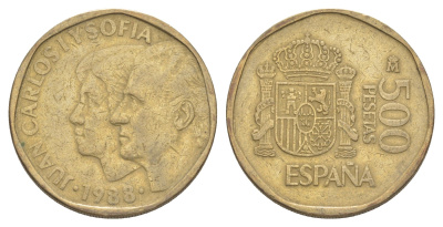 Испания 500 песет 1988 M, Хуан Карлос I (1975-2001) и София KM 831 алюминиевая бронза 4603-114