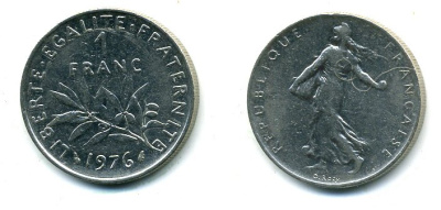 ФРАНЦИЯ 1 ФРАНК 1976 СЕЯТЕЛЬ KM 925.1 никель 59-1125