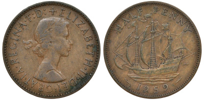 Великобритания 1/2 пенни 1959 Елизавета II (1952-2022) KM 896, Spink 4158 бронза 4681-537