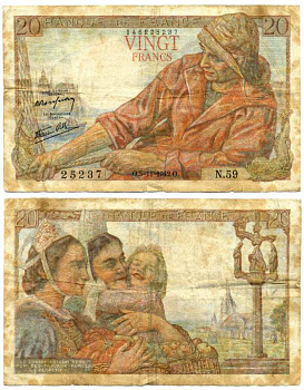 ФРАНЦИЯ 20 ФРАНКОВ 1942 5 НОЯБРЯ 1942 Pick 100а бумага 6262-48-2-1