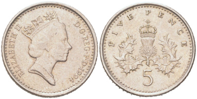 Великобритания 5 пенсов 1994 Елизавета II (1952-2022) KM 937b, Spink D4 медно-никель 4614-821