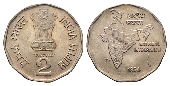 Индия 2 рупии 1994 KM 121.3 медно-никель UNC 4691-117