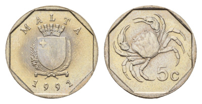 Мальта 5 центов 1991 краб KM 95 медно-никель UNC 4689-1146