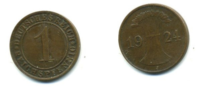 ГЕРМАНИЯ 1 РЕЙХСПФЕННИГ 1924 J KM 37, J.313 бронза 46-714