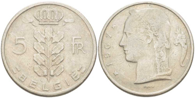 Бельгия 5 франков 1967 Belgie, Бодуэн I (1951-1993) KM 135.1 медно-никель 213-422