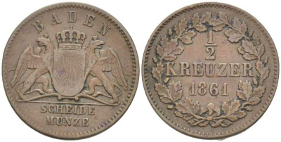 Баден 1/2 крейцера 1861 Фридрих I (1856-1907) КМ 241, AKS 134 медь 201-258