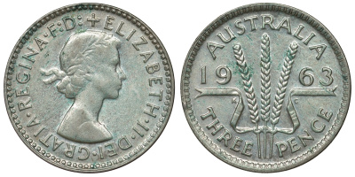 Австралия 3 пенса 1963 m, Елизавета II (1952-2022) KM 57 серебро 71-913