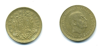 ИСПАНИЯ 1 ПЕСЕТА 1966 (73) ФРАНСИСКО ФРАНКО ДИКТАТОР ИСПАНИИ (1939-1975) КМ 796 алюминиевая бронза 54-331