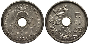 БЕЛЬГИЯ 5 САНТИМОВ 1920 BELGIE KM 67 медно-никель 4546-122