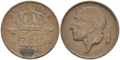БЕЛЬГИЯ 50 САНТИМОВ 1967 BELGIQUE KM 148.1 бронза 96-1216