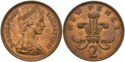 Великобритания 2 пенса 1971 Елизавета II (1952-2022) KM 916, Spink 4235 (C1) бронза 4156-517