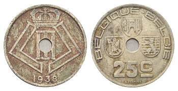 Бельгия 25 сантимов 1938 Belgique - Belgie, Леопольд III (1934-1947) KM 114 никель латунь 4704-1034