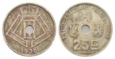 Бельгия 25 сантимов 1938 Belgique - Belgie, Леопольд III (1934-1947) KM 114 никель латунь 4704-1034