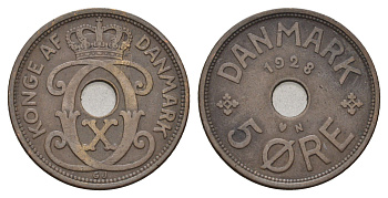 Дания 5 эре 1928 N, Кристиан X (1912-1947) KM 828 бронза 4700-824