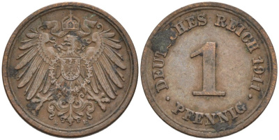 Германия 1 пфенниг 1911 A KM 10, J. 10 медь 4576-156