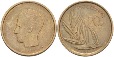 БЕЛЬГИЯ 20 ФРАНКОВ 1982 BELGIQUE KM 159 никель бронза 4391-511