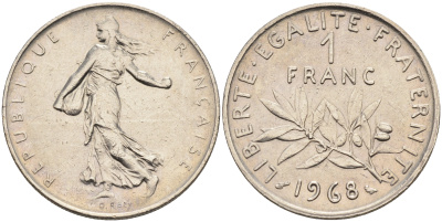 Франция 1 франк 1968 сеятель KM 925.1 никель    4177-247