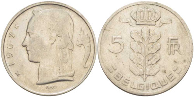 БЕЛЬГИЯ 5 ФРАНКОВ 1967 BELGIQUE, БОДУЭН I (1951-1993) KM 134.1 медно-никель 202-1243