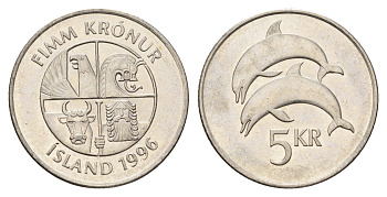 Исландия 5 крон 1996 дельфины KM 28a сталь плакированная никелем UNC 4586-437