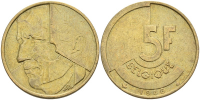Бельгия 5 франков 1986 Belgique KM 163 алюминиевая бронза 4126-211