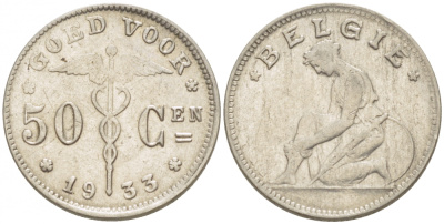 БЕЛЬГИЯ 50 САНТИМОВ 1933 BELGIE KM 88 никель 3996-1231