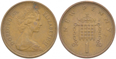 Великобритания 1 пенни 1976 Елизавета II (1952-2022) KM 915, Spink 4237 (B1) бронза 3851-1167