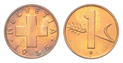 Швейцария 1 раппен 1955 B KM 46 бронза UNC 4705-1168