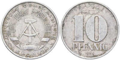 ГДР 10 пфеннигов 1965 A KM 10 алюминий 4613-951